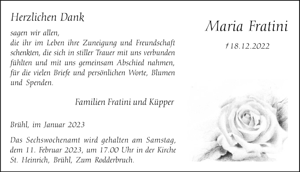  Traueranzeige für Maria Fratini vom 03.02.2023 aus  Schlossbote/Werbekurier 