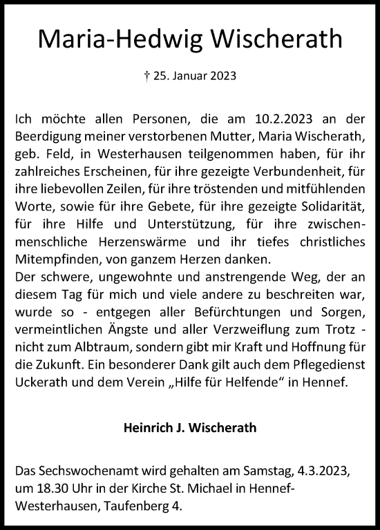 Anzeige von Maria-Hedwig Wischerath von Kölner Stadt-Anzeiger / Kölnische Rundschau / Express