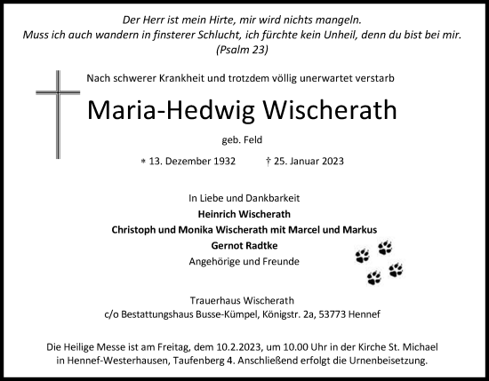 Anzeige von Maria-Hedwig Wischerath von Kölner Stadt-Anzeiger / Kölnische Rundschau / Express