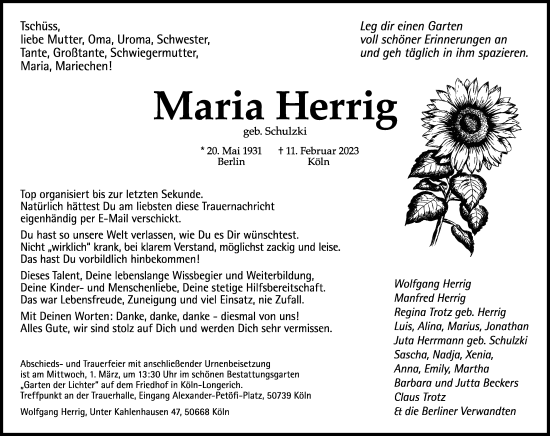 Anzeige von Maria Herrig von Kölner Stadt-Anzeiger / Kölnische Rundschau / Express