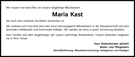 Anzeige von Maria Kast von Kölner Stadt-Anzeiger / Kölnische Rundschau / Express