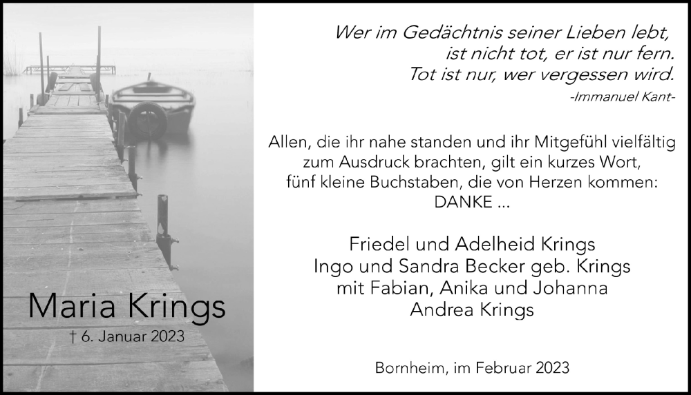  Traueranzeige für Maria Krings vom 24.02.2023 aus  Schaufenster/Blickpunkt 