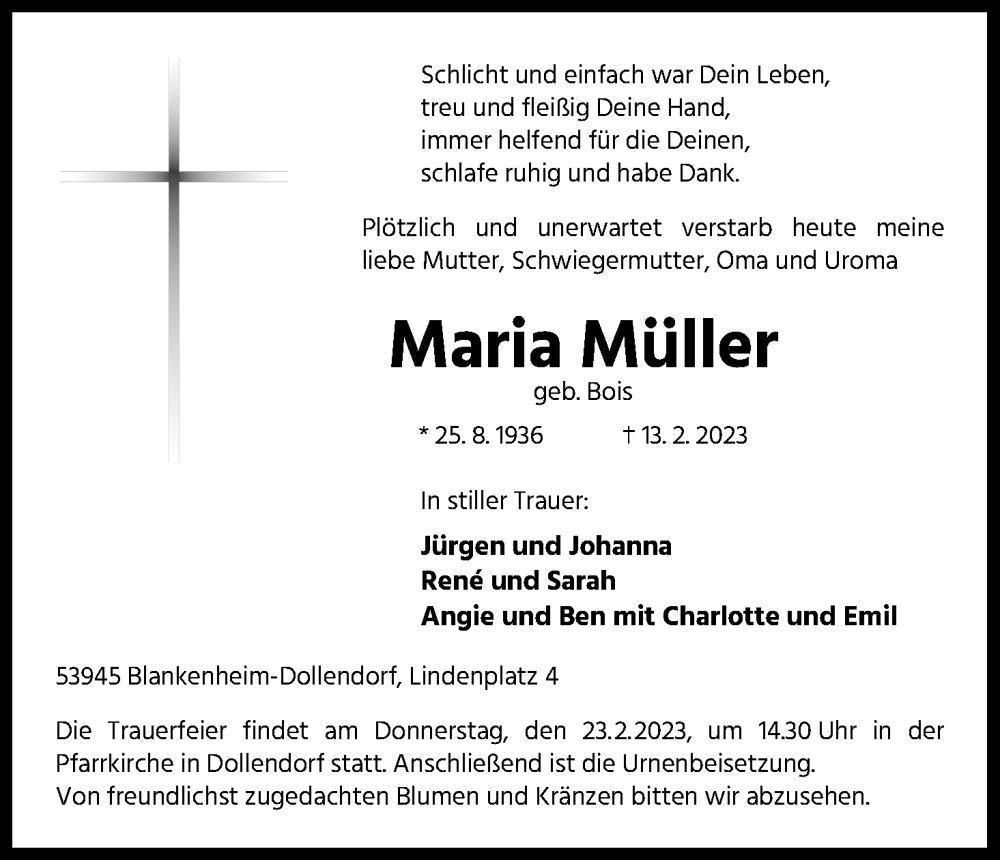  Traueranzeige für Maria Müller vom 18.02.2023 aus Kölner Stadt-Anzeiger / Kölnische Rundschau / Express