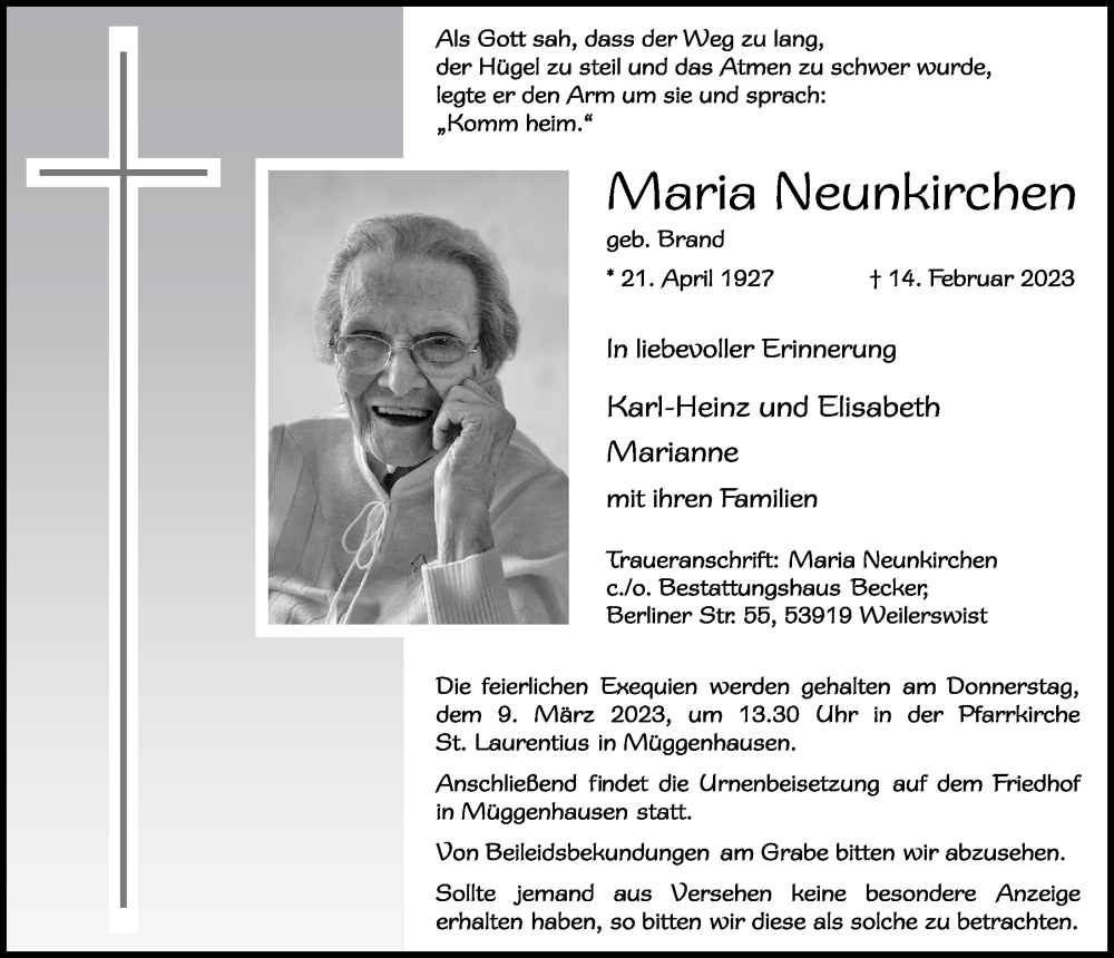  Traueranzeige für Maria Neunkirchen vom 18.02.2023 aus  Blickpunkt Euskirchen 