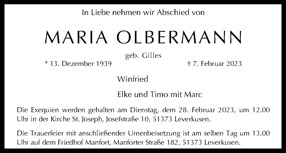  Traueranzeige für Maria Olbermann vom 18.02.2023 aus Kölner Stadt-Anzeiger / Kölnische Rundschau / Express
