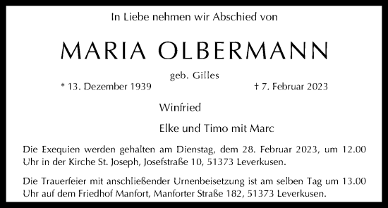 Anzeige von Maria Olbermann von Kölner Stadt-Anzeiger / Kölnische Rundschau / Express