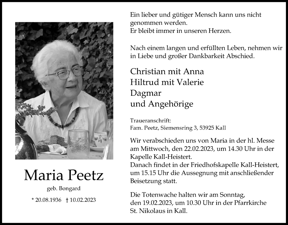  Traueranzeige für Maria Peetz vom 15.02.2023 aus Kölner Stadt-Anzeiger / Kölnische Rundschau / Express