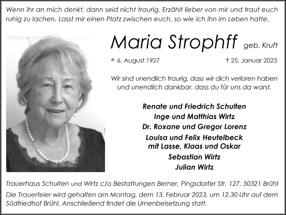  Traueranzeige für Maria Strophff vom 03.02.2023 aus  Schlossbote/Werbekurier 