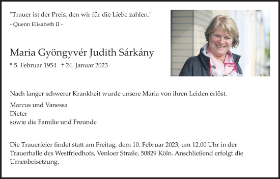 Anzeige von Maria Gyöngyver Judith Sarkany von Kölner Stadt-Anzeiger / Kölnische Rundschau / Express