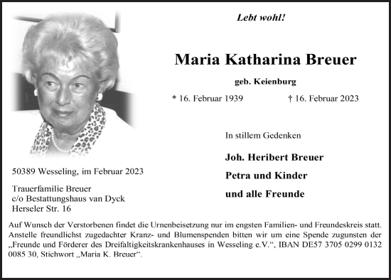 Anzeige von Maria Katharina Breuer von  Schlossbote/Werbekurier 