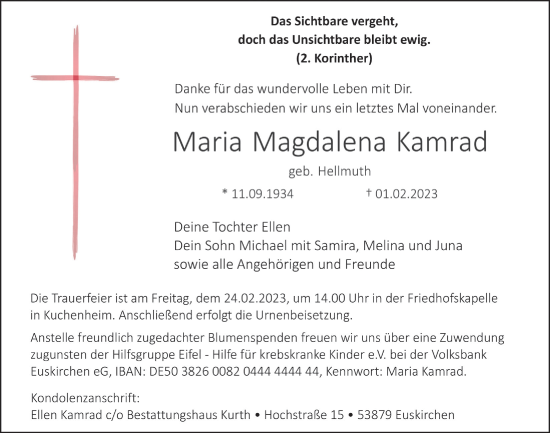 Anzeige von Maria Magdalena Kamrad von  Blickpunkt Euskirchen 