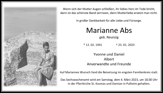 Anzeige von Marianne Abs von  Wochenende 