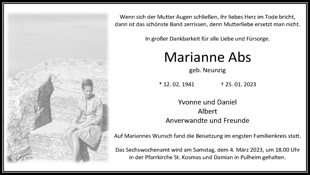  Traueranzeige für Marianne Abs vom 11.02.2023 aus Kölner Stadt-Anzeiger / Kölnische Rundschau / Express
