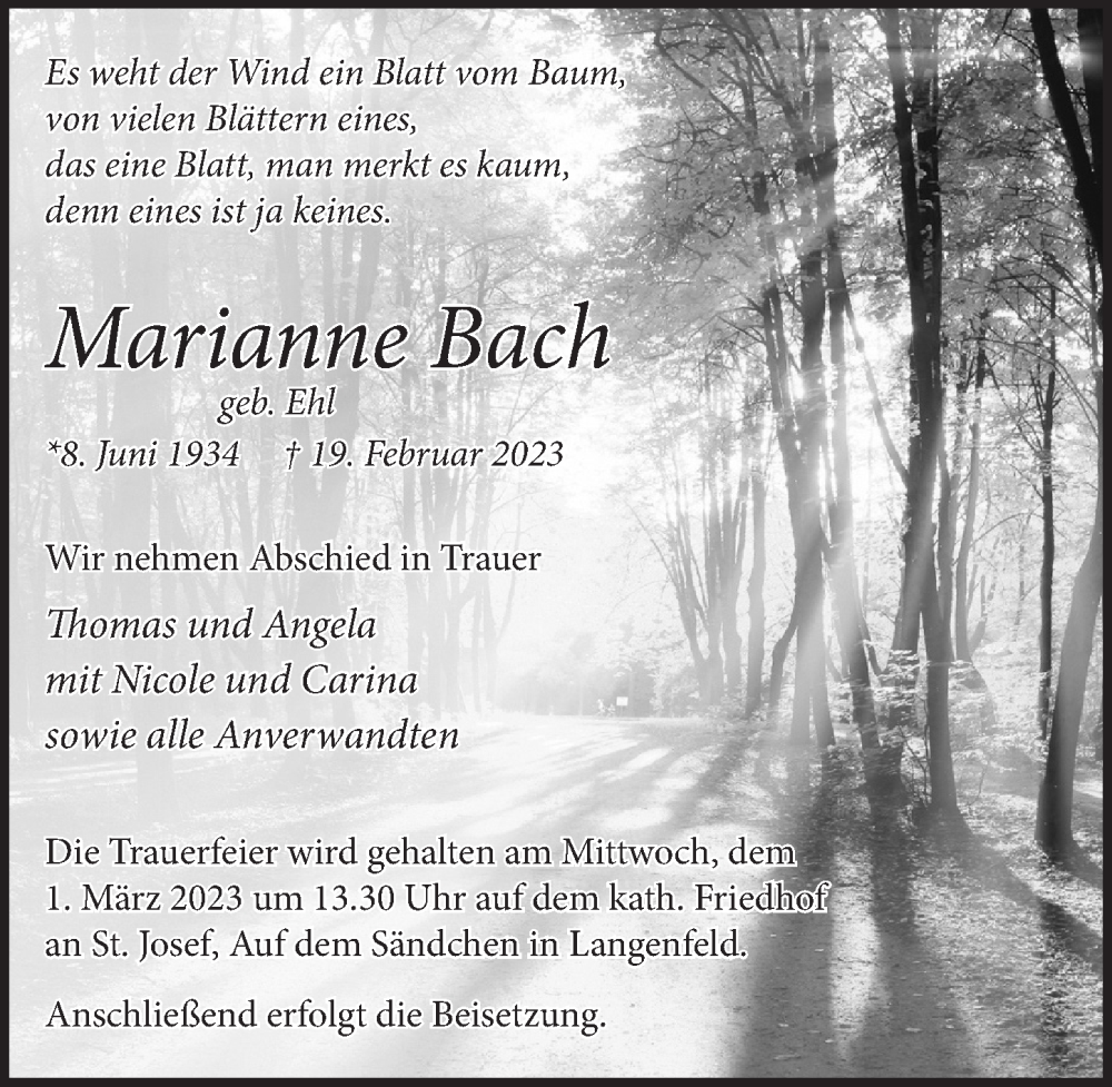  Traueranzeige für Marianne Bach vom 24.02.2023 aus  Lokale Informationen 