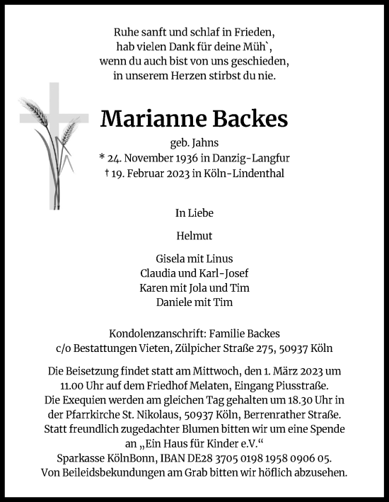 Anzeige von Marianne Backes von Kölner Stadt-Anzeiger / Kölnische Rundschau / Express