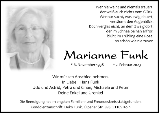 Anzeige von Marianne Funk von Kölner Stadt-Anzeiger / Kölnische Rundschau / Express