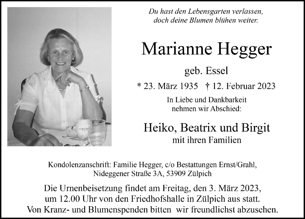  Traueranzeige für Marianne Hegger vom 18.02.2023 aus  Blickpunkt Euskirchen 