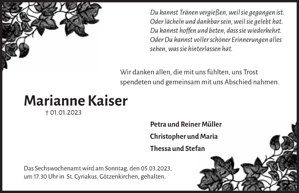  Traueranzeige für Marianne Kaiser vom 17.02.2023 aus  Werbepost 
