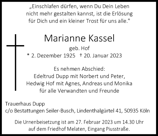 Anzeige von Marianne Kassel von Kölner Stadt-Anzeiger / Kölnische Rundschau / Express