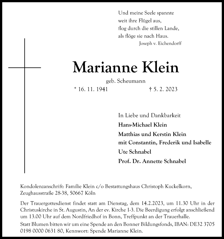  Traueranzeige für Marianne Klein vom 11.02.2023 aus Kölner Stadt-Anzeiger / Kölnische Rundschau / Express