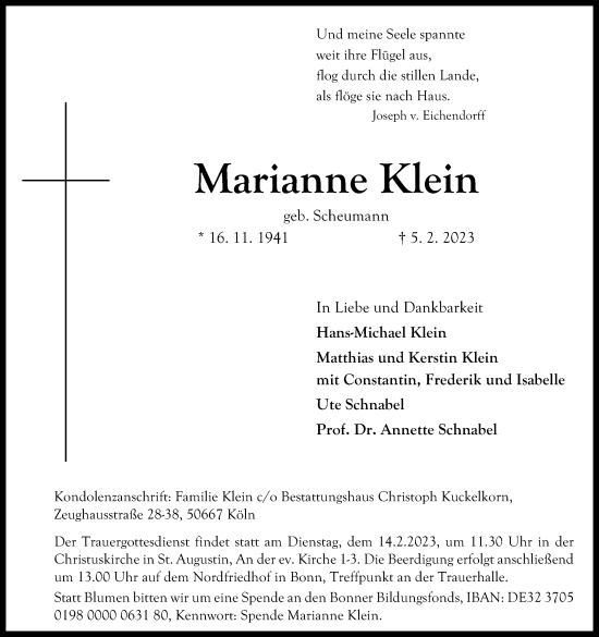 Anzeige von Marianne Klein von Kölner Stadt-Anzeiger / Kölnische Rundschau / Express