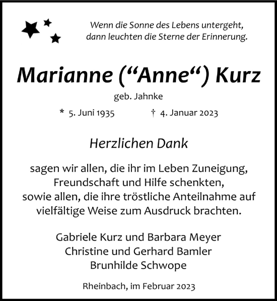 Anzeige von Marianne Kurz von  Schaufenster/Blickpunkt 