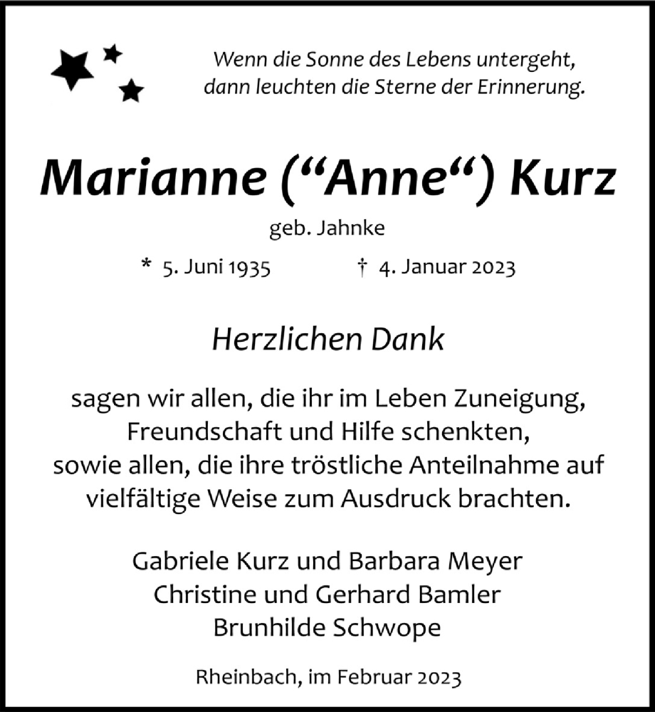  Traueranzeige für Marianne Kurz vom 24.02.2023 aus  Schaufenster/Blickpunkt 