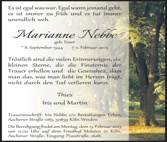 Anzeige von Marianne Nebbe von Kölner Stadt-Anzeiger / Kölnische Rundschau / Express