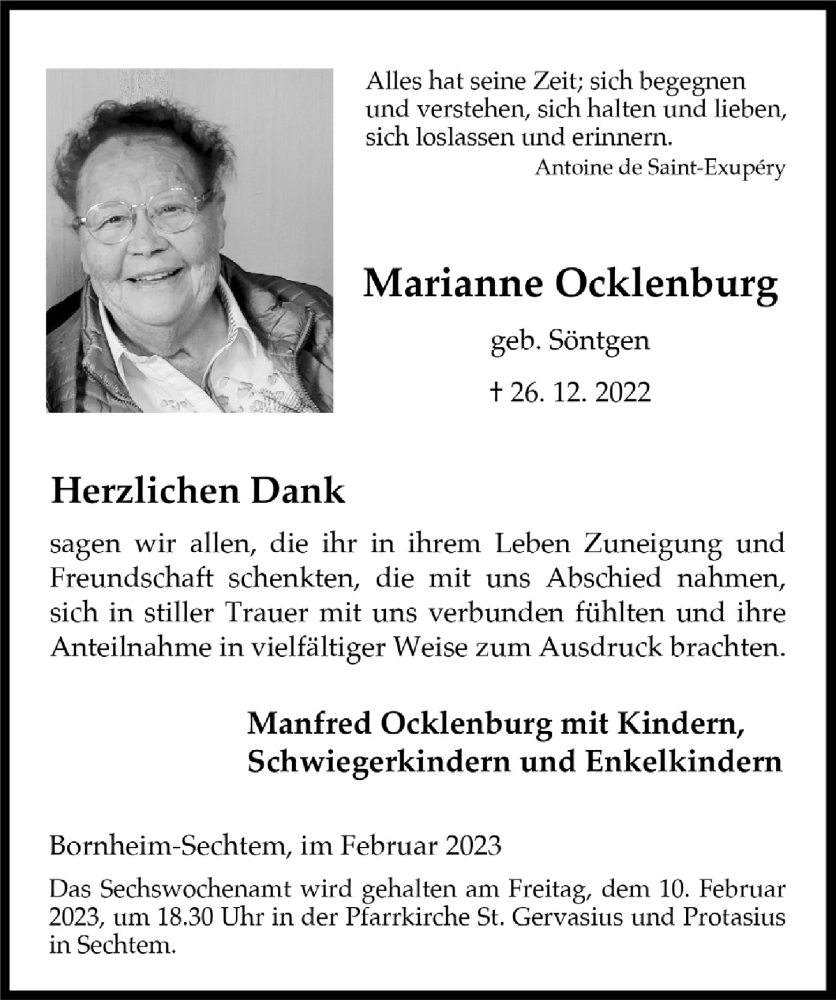  Traueranzeige für Marianne Ocklenburg vom 03.02.2023 aus  Schlossbote/Werbekurier 