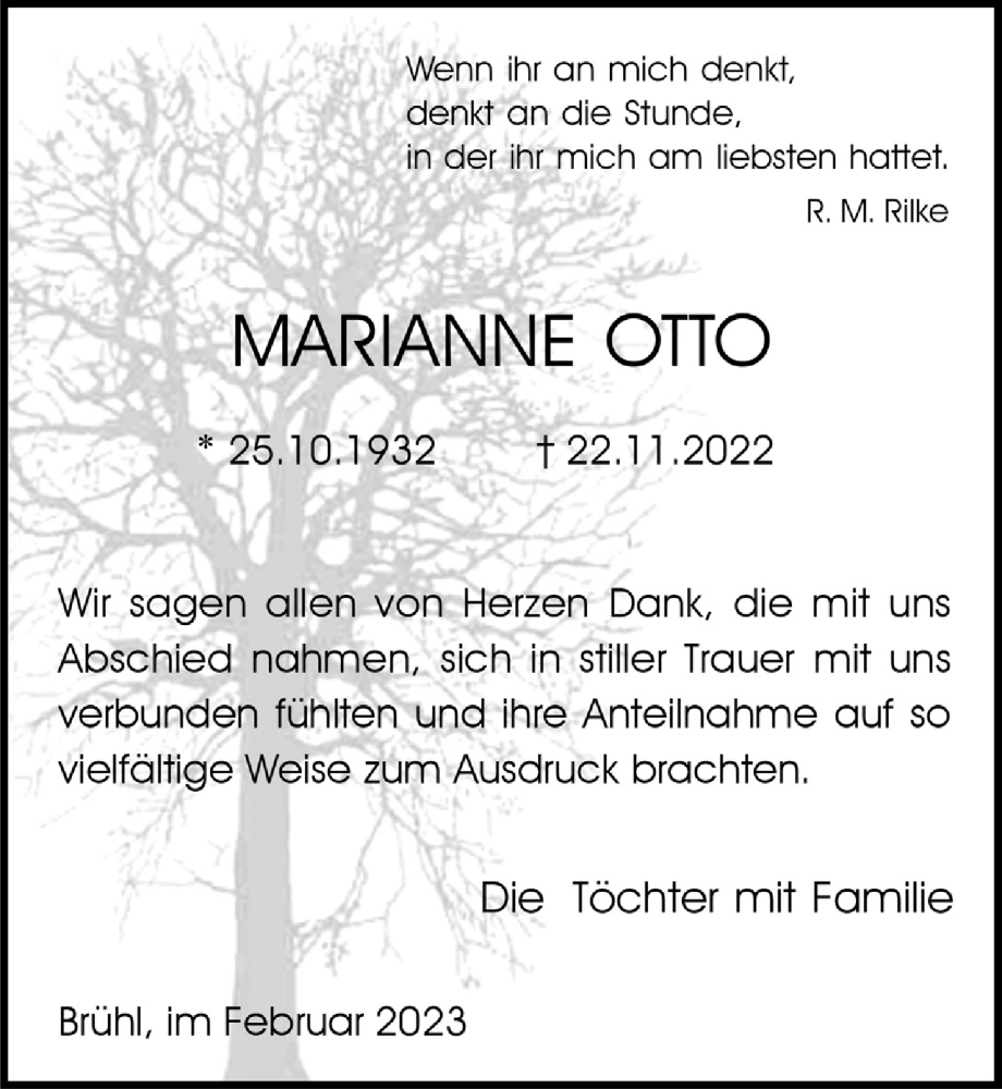  Traueranzeige für Marianne Otto vom 17.02.2023 aus  Schlossbote/Werbekurier 
