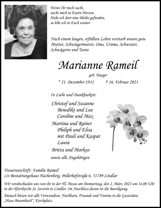 Anzeige von Marianne Rameil von  Anzeigen Echo 