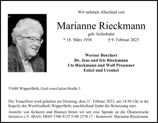 Anzeige von Marianne Rieckmann von Kölner Stadt-Anzeiger / Kölnische Rundschau / Express