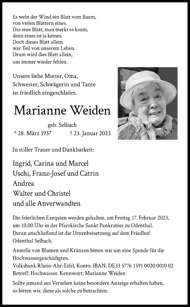  Traueranzeige für Marianne Weiden vom 11.02.2023 aus Kölner Stadt-Anzeiger / Kölnische Rundschau / Express