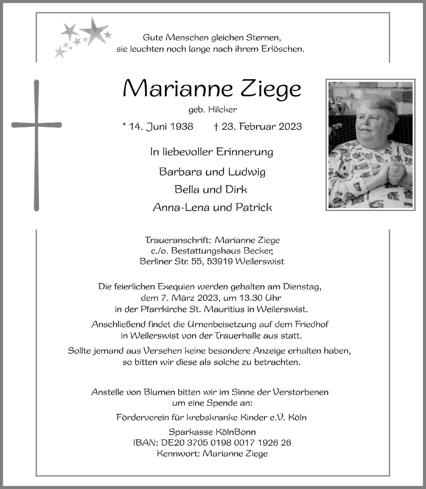  Traueranzeige für Marianne Ziege vom 25.02.2023 aus  Blickpunkt Euskirchen 