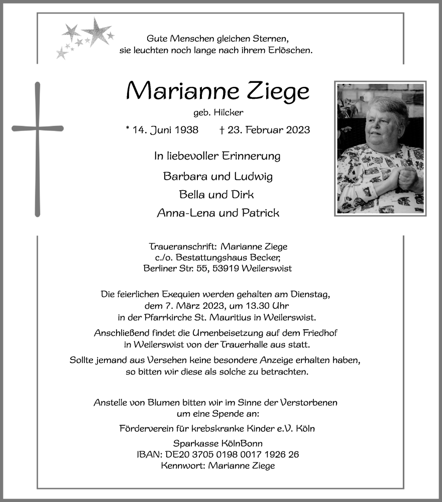  Traueranzeige für Marianne Ziege vom 25.02.2023 aus Kölner Stadt-Anzeiger / Kölnische Rundschau / Express