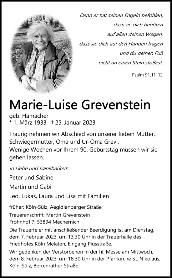 Anzeige von Marie-Luise Grevenstein von Kölner Stadt-Anzeiger / Kölnische Rundschau / Express
