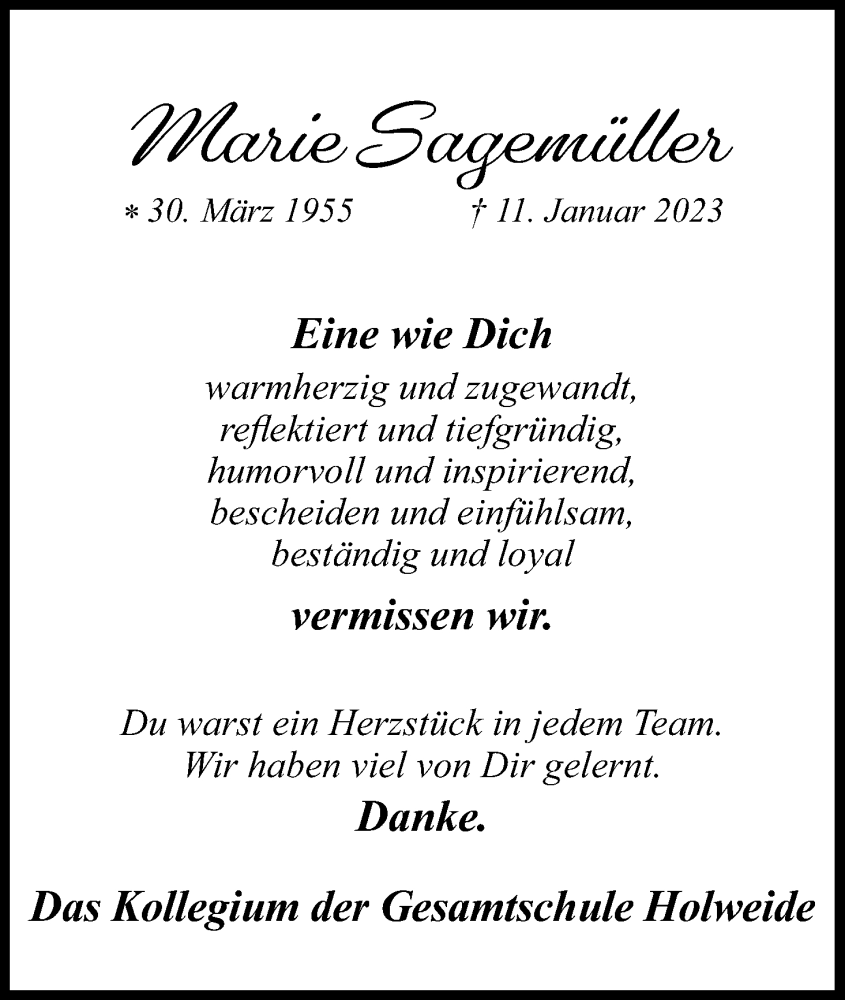  Traueranzeige für Marie Sagemüller vom 25.02.2023 aus Kölner Stadt-Anzeiger / Kölnische Rundschau / Express