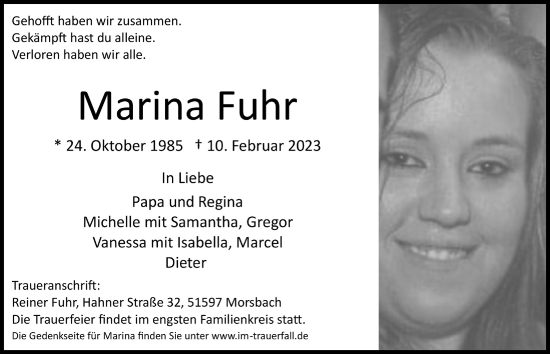 Anzeige von Marina Fuhr von  Lokalanzeiger 
