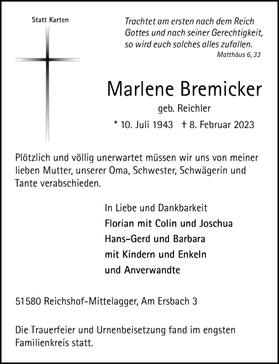 Anzeige von Marlene Bremicker von  Anzeigen Echo 