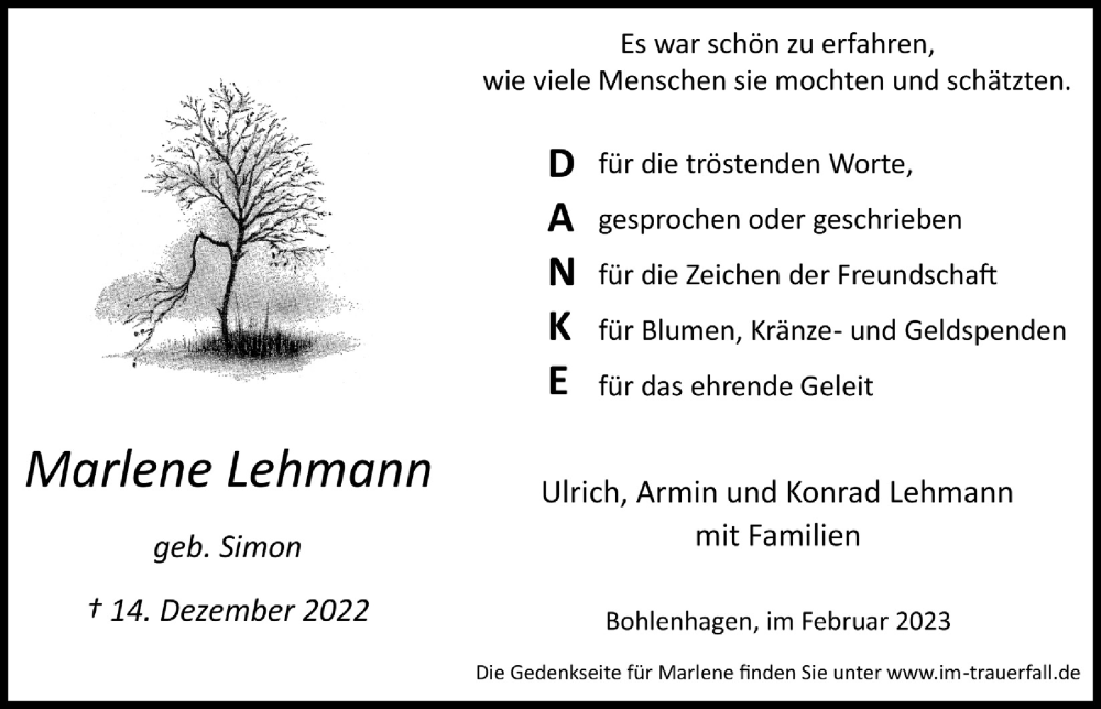  Traueranzeige für Marlene Lehmann vom 03.02.2023 aus  Lokalanzeiger 