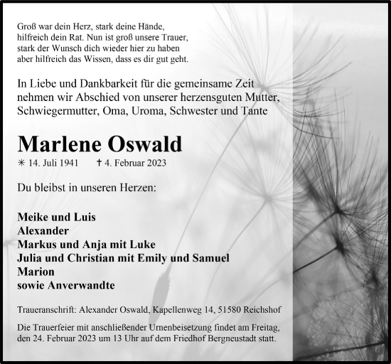 Anzeige von Marlene Oswald von  Anzeigen Echo 
