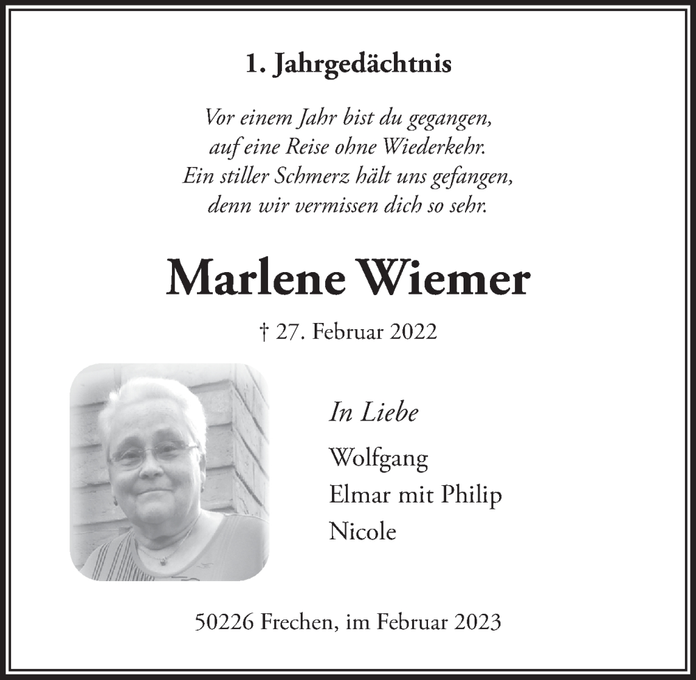  Traueranzeige für Marlene Wiemer vom 24.02.2023 aus  Wochenende 