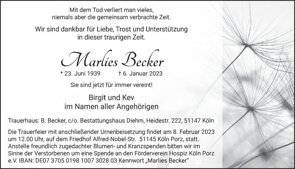  Traueranzeige für Marlies Becker vom 03.02.2023 aus  EXPRESS - Die Woche 