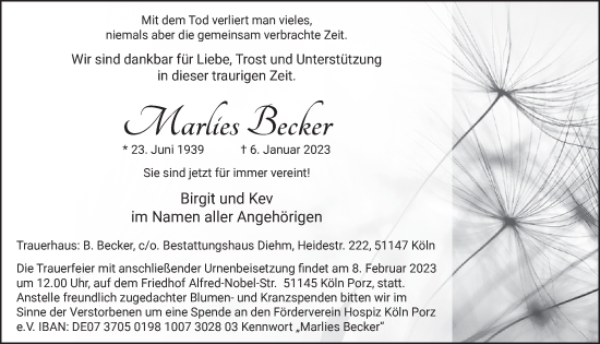 Anzeige von Marlies Becker von  EXPRESS - Die Woche 
