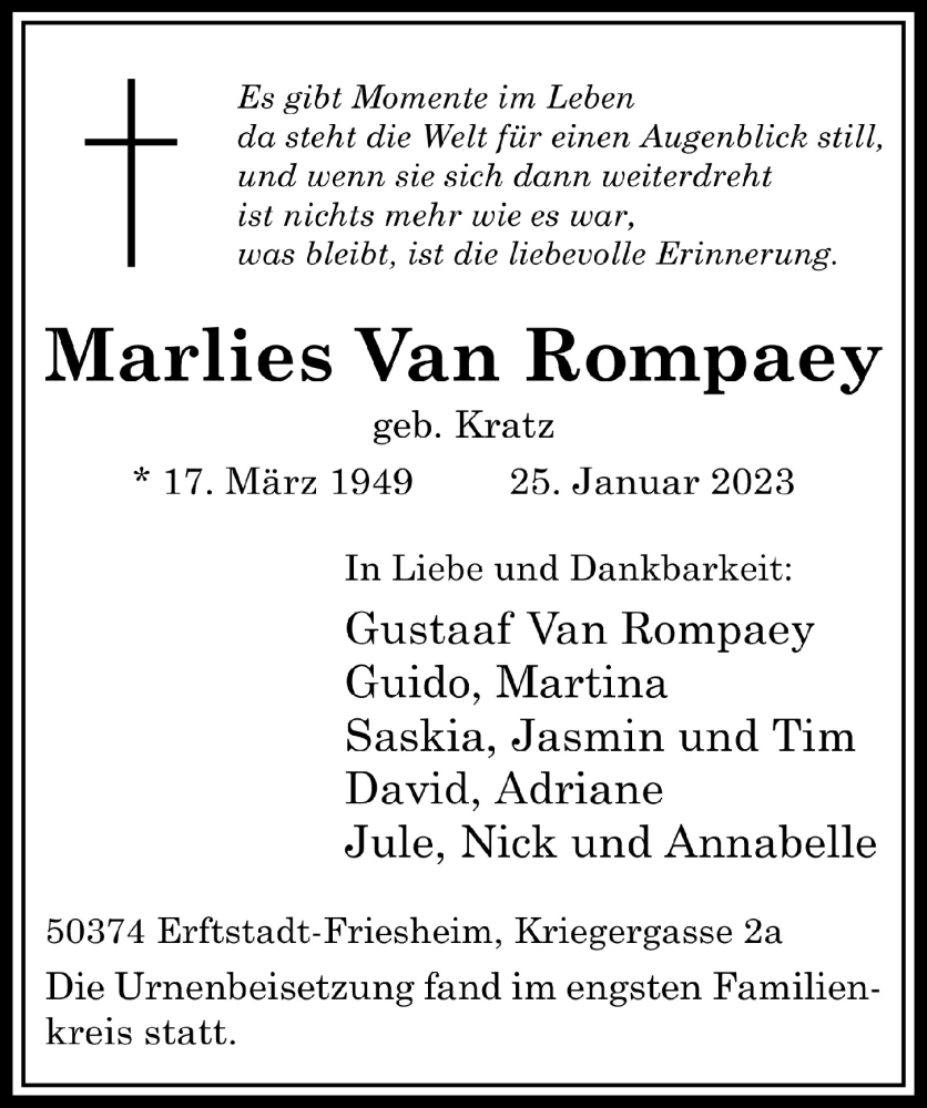  Traueranzeige für Marlies Van Rompaey vom 10.02.2023 aus  Werbepost 