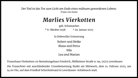 Anzeige von Marlies Vierkotten von Kölner Stadt-Anzeiger / Kölnische Rundschau / Express