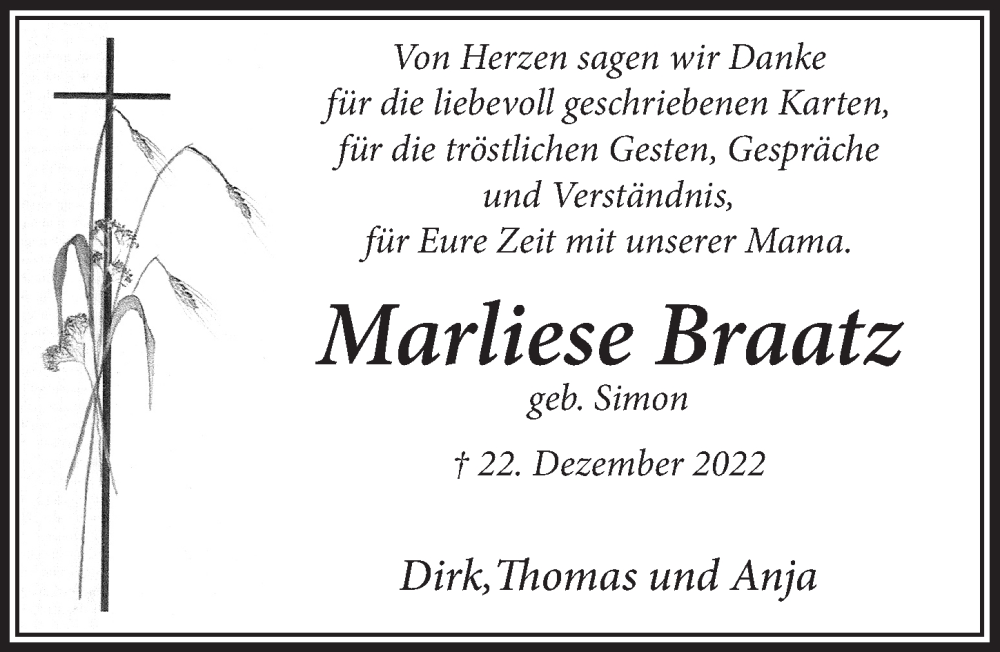  Traueranzeige für Marliese Braatz vom 24.02.2023 aus  Lokalanzeiger 