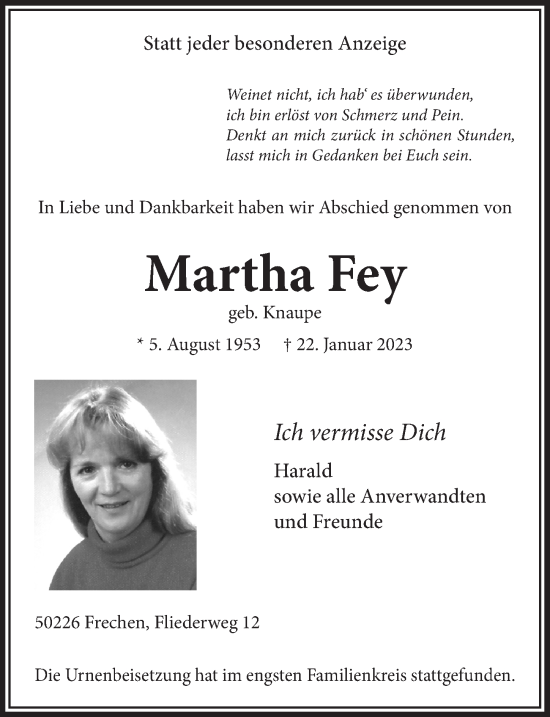 Anzeige von Martha Fey von  Wochenende 