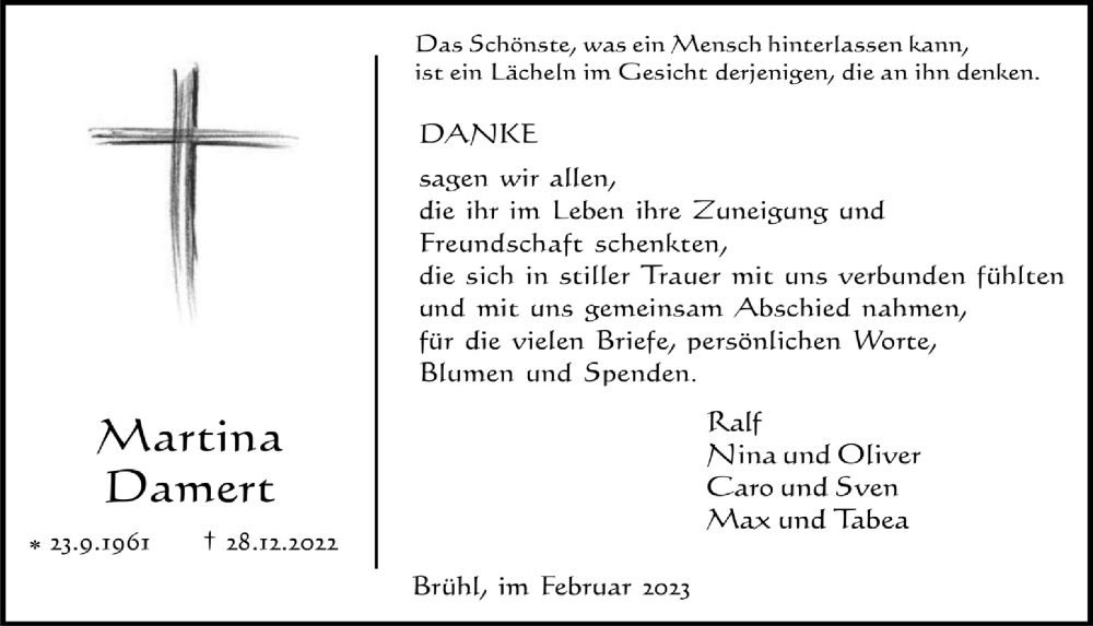  Traueranzeige für Martina Damert vom 17.02.2023 aus  Schlossbote/Werbekurier 