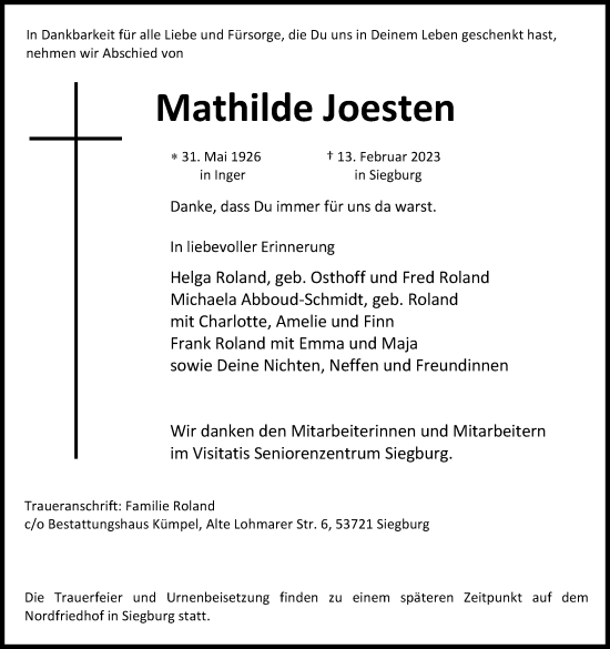 Anzeige von Mathilde Joesten von Kölner Stadt-Anzeiger / Kölnische Rundschau / Express